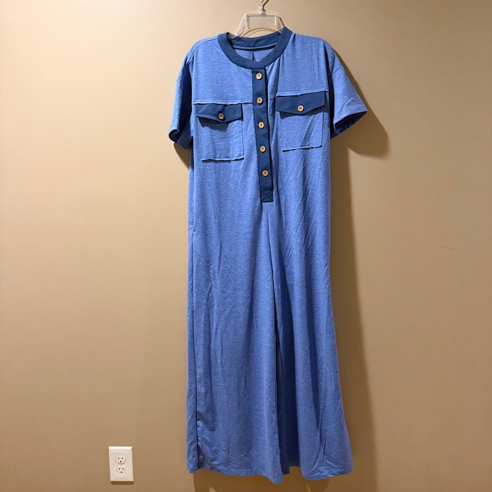 NWT Jumpsuit Women M Blue Short Sleeve Henley Pockets Loungewear Casual Comfy